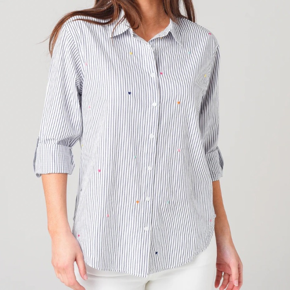 Sundry Oversized Embroidered Heart Pin Stripe Shirt